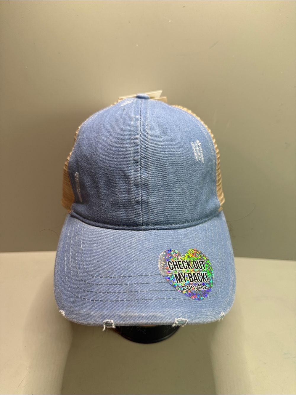 Light Blue Denim Trucker Hat with Holographic Heart Sticker